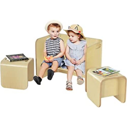 Costzon Kids Table and Chair Set, 4 in 1 Wood Activity Table, Bench, Storage Shelves, Desk for Children Reading, Arts, Crafts, Snack Time, Playroom, Fully Assembled, Toddler Table & Chair Set, Natural