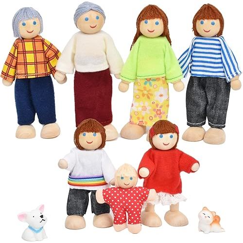 Jzszera Wooden Doll House People of 7 Miniature Figures and 2 Pets, Dollhouse Dolls Family Set Accessories for Girls Toddler Kids Pretend Play and Imaginative Fun