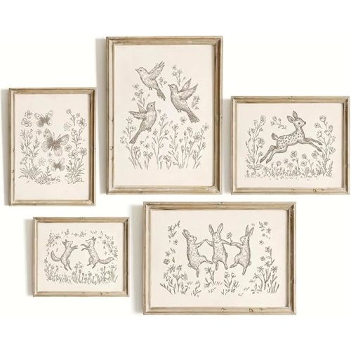 Nursery Woodland Animal Wall Art Baby Boy Canvas Wall Decor Vintage Forest Animal Art Prints Kids Room Poster Cottagecore Deer Fox Pictures Painting Neutral Artwork for Bedroom 8x10x5 Inch Unframed