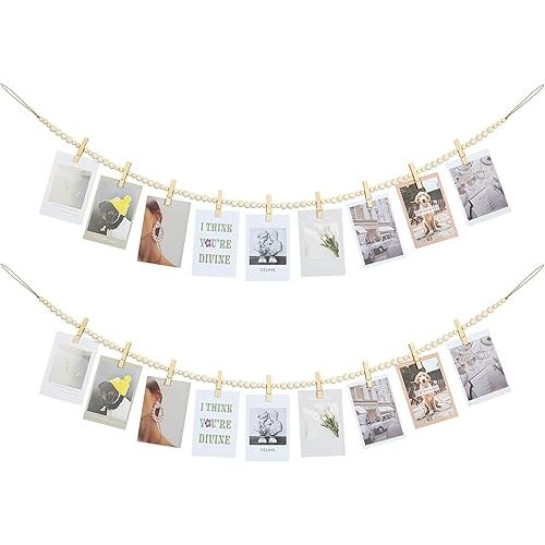 Hanging Photo Display Wall Decor, 2PCS Boho Wooden Bead Garland Collage Picture Frame with 9 Wood Clips for Bedroom, Living Room, Office, Dorm Decor, Photos Holder Teen Girl Gifts
