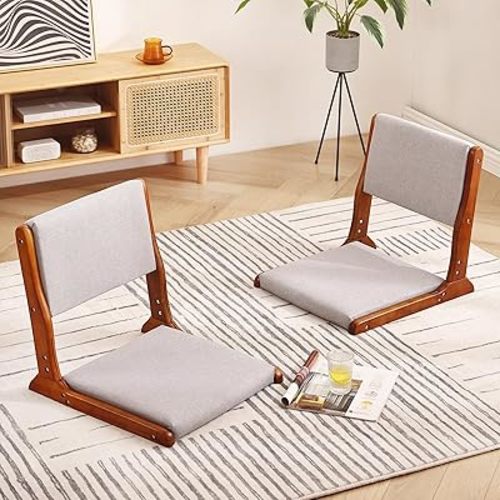 Tiita Floor Chair with Back Support, Foldable Meditation Tatami Chairs, Backrest Chair with Cushion, Living Room Chair Seat 2 Pack, Walnut Grey