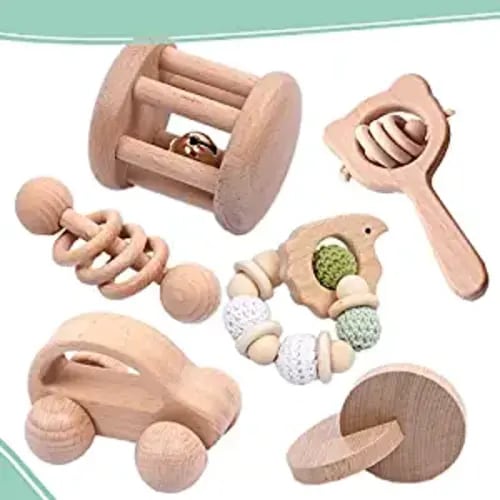 6 Pieces Toy Set- Wooden Baby Toys for Babies 0-6 Months,Wooden Toys for Babies Rattles with Bells,Wooden Rattles Push Car,Wood Rattle Toys Gifts for Boys Girls,Montessori Toys for Babies 0-6 Months - 6-Pieces