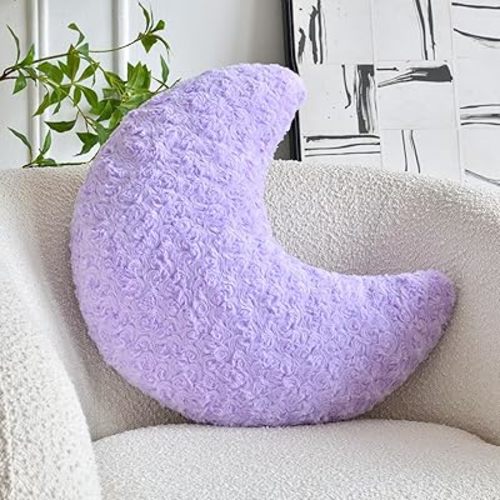 Moon Pillow, Moon Shaped Pillow with Soft Faux Fur for Couch Bed Sofa, Cute Half Moon Pillows with Room Decor for Bedroom Living Room (19 Inches, Purple)