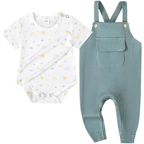 CARETOO Newborn Baby Boy Clothes Infant Boy Romper Fall Winter Outfits Bodysuit 2Pcs Striped Long Sleeve Top Overalls 0-18M