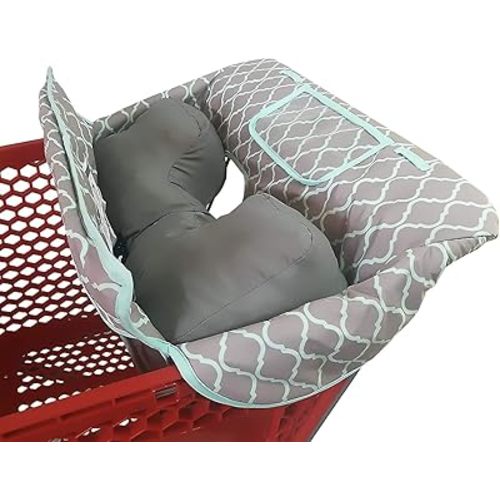 Soft Pillow Attached 2-in-1 Shopping Cart and High Chair Cover for Baby, Cotton Padded Cart Cover, Fold'n Roll Style, Portable with Carry Bag (Gray Grid)
