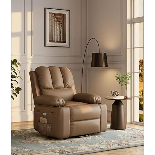 27" Oversized Power Recliner Chair, Faux Leather Rocking Chair with Heat & Massage, 360° Swivel Modern Electric Recliner with Cup Holder & USB Charging for Living Room, Bedroom, Nursery - Khaki