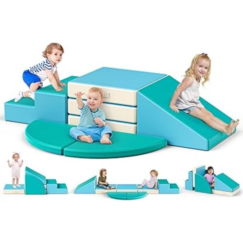 Lischwert Foam Climbing Blocks for Toddlers 1-3, 5pcs Foldable Soft Play Set with Crawling Exploration Toys - Indoor Infant Safe Blocks for Baby Gym & Toddler Playground - Blue