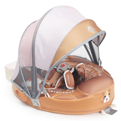 Mambobaby Float Upgrade Add Tail Baby Float with Canopy for Infant Waist Swimming Ring Swim Trainer Non-Inflatable Floats Toys with Adjustable Safety Strap (Brown - Cute Puppy)