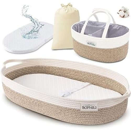 Baby Changing Basket Set w/Large Matching Diaper Caddy, Foam Changing Pad &Water Repellent Cover, Premium Cotton Rope Moses Baskets Changing Table Topper, Built-in Security Strap (Warm Brown)