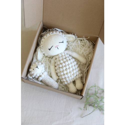 Crochet Sheep Baby Gift Set, Handmade Doll and Rattle