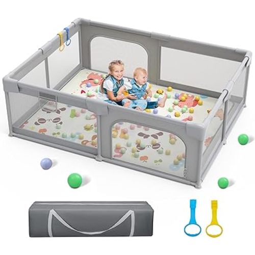 Palopalo Baby Playpen, 71"x59" Extra Large Playard for Babies and Toddlers, Baby Activity Center with 8 Suction Cup Bases, Infants Play Pen with 2 Gates and Soft Breathable Mesh, Without Mat