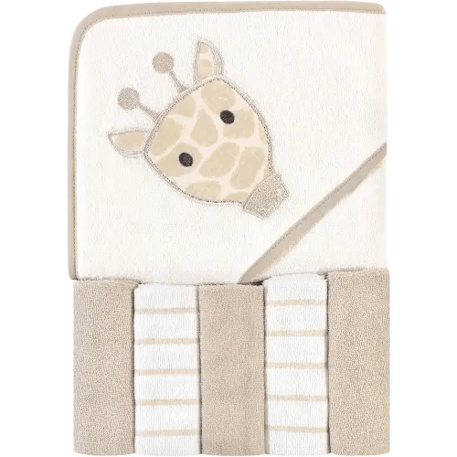 Hudson Baby Unisex Baby Hooded Towel and Five Washcloths, Modern Giraffe, One Size