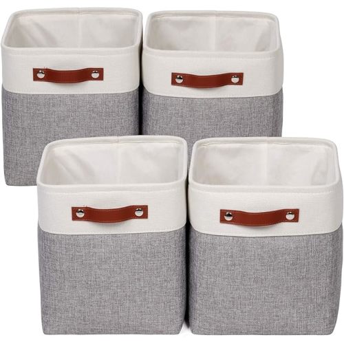 Univivi 10.5 Inch Fabric Cube Bins with Hard Bottom, 4 Pack Storage Baskets with PU Handles for Shelves Closet Foldable Storage Bins for Organizing (Gray,10.5" x 10.5" x 11")