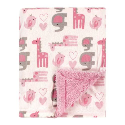Luvable Friends Baby Girl Plush Blanket with Faux Shearling Back, Girl Safari, One Size