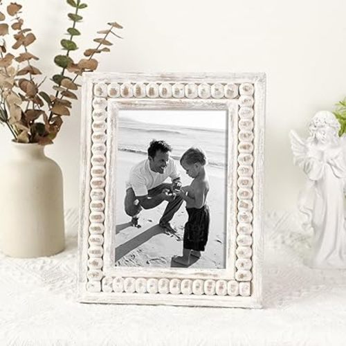 Whitewashed Wooden 5x7 Picture Frame with Beaded Design – Rustic and Boho Style, Decorative 5x7 Photo Frame for Home Decor, Farmhouse Rustic Picture Frame for Photos