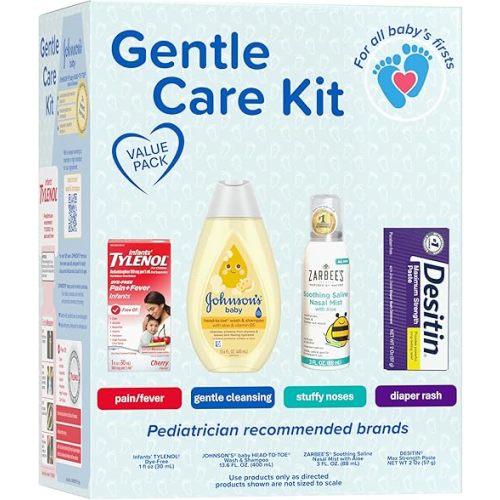 Johnson's Baby Gentle Care Kit with Infants' Tylenol Pain Reliever, Zarbee's Soothing Saline Mist, Desitin Maximum Strength Diaper Rash Ointment & Johnson's Baby Head-To-Toe Wash, 4 Items