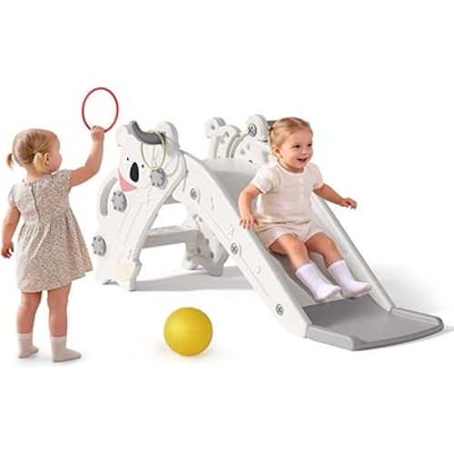 Babytronic Toddler Slide Indoor & Outdoor Playground, 4-in-1 Baby Slide with Climber, Basketball Hoop & Ring Toss, Foldable Freestanding Kids Slide, Climber Playset for Toddlers Ages 1-3, Cream & Gray