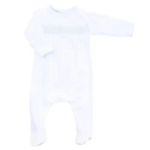 Magnolia Baby Boy Essentials Smocked White Footie with Blue Trim
