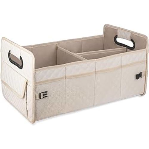 JiatuA Car Trunk Organizer for SUV, Car Storage Organizer Collapsible Multi Compartment Container Box, Adjustable Car Accessories for Women/Men, Beige