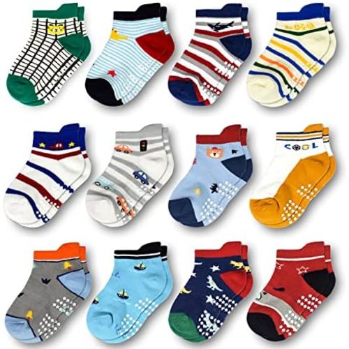Tphon Non Slip Kids Toddler Socks with Grippers Baby 12 Pairs Anti Skid Socks for Boys Girls 0-7 Year Children
