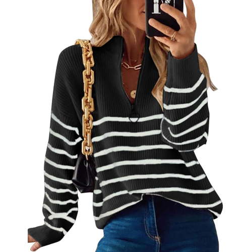 Sweaters for Women Zip Up Crew Neck Long Sleeve Striped Knitted Pullover Sweaters Tops Winter Sweaters Alsol Lamesa