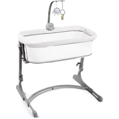 Arm’s Reach Versatile Co-Sleeper Bedside Bassinet Featuring Height-Adjustable Legs with Adjustable Feet, Mobile with Plush Hanging Toy, and Music Box with 5 Tunes, Ivory/Gray w/Quilting