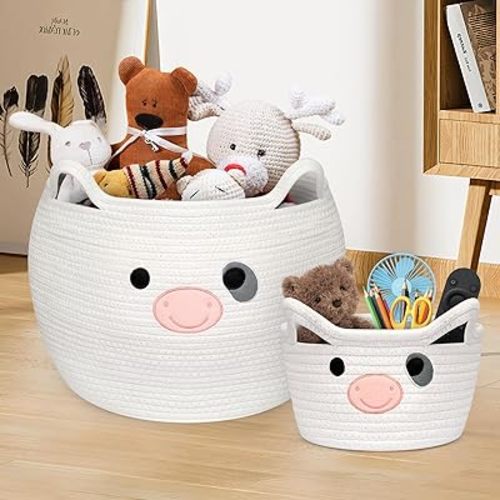 Baby Basket Toy Storage 2 Pack, Cow Woven Cotton Rope Storage Basket, Cute Toy Baskets with Handle, Laundry Baskets Organizer for Clothes, Towels, Blanket, Toys, Gifts, Baby Shower, Pet Toy Storages