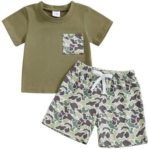 Toddler Baby Boy Summer Clothes Retro Embroidery Duck Hunting Shirts T-Shirt + Elastic Camouflage Shorts Set