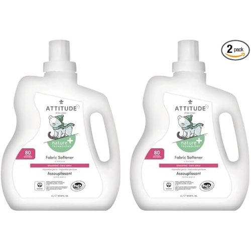 ATTITUDE Baby Fabric Softener, Plant and Mineral-Based Ingredients, HE Compatible, Vegan and Cruelty-free Laundry and Household Products, Unscented, 80 Loads, 67.6 Fl Oz (Pack of 2)