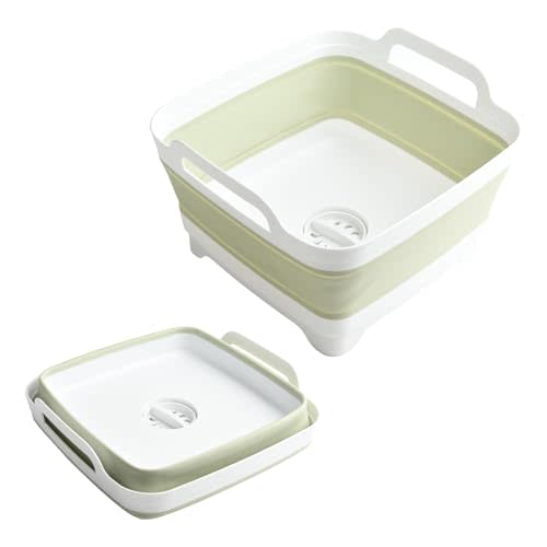 Collapsible Dish Basin Foldable Kitchen Sink With Drain Plug Plastic Laundry Tub 9L/2.4Gal RV & Camping Wash Basin Space-Saving Bottle Washing Sink (Green)