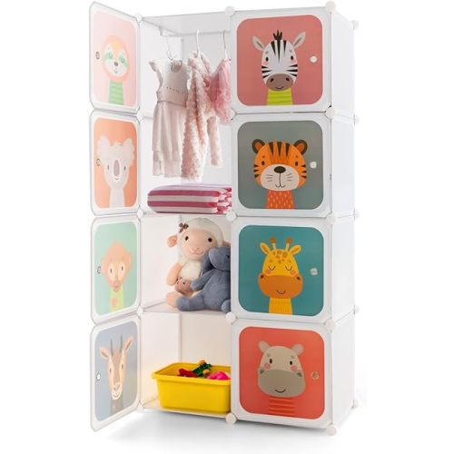 Costzon Kids Closet, Cartoon DIY Modular Dresser Storage Organizer with 8 Cubes & Clothes Hanging Rack, Portable Armoire for Baby Toddlers, Kids Wardrobe for Bedroom Nursery, White