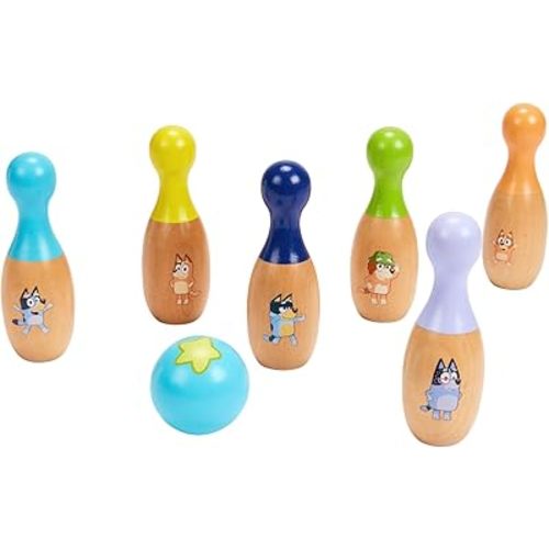 Bluey – Wooden Bowling “Skittles” Set, Indoor & Outdoor Bowling Play, 6 Pins and 1 Bowling Ball – FSC Certified for Children 3 Years and Up