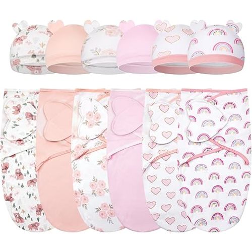 Ramede 6 Pack Swaddle Blanket with Hats for Baby Girl Boy 100% Cotton Swaddles 0-3 Months, Adjustable Breathable Skin Friendly Receiving Blanket Wrap, Essential for Newborns