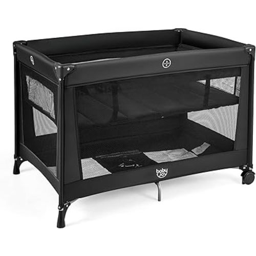 BABY JOY Portable Playard with Bassinet, Double Layer Foldable Baby Playpen with Mattress, Lightweight Easy Set up Baby Crib with Carry Bag, Travel Crib with Bassinet from Newborn to Toddlers