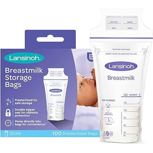 Lansinoh Breastmilk Storage Bags, 100 Count, 6 Ounce, Easy to Use Milk Storage Bags for Breastfeeding, Presterilized, Hygienically Doubled-Sealed, for Refrigeration and Freezing - 100.0
