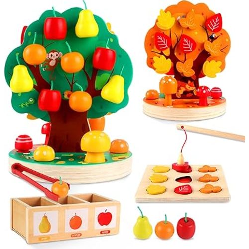 Montessori Toys for 3 4 5 6 Year Old - Wooden Sensory Toy for Toddlers - Shape Sorting Puzzle for Fine Motor Skills - Apple Picking Magnetic Tree Toy,Hand-Eye Coordination,Color Recognition