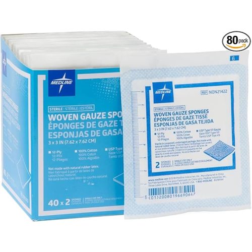 Medline Sterile 100% Cotton Woven Gauze Sponges, 3" x 3", 12-Ply, Ideal for Wound Dressing and General Cleaning, 2/Packs, Pack of 40