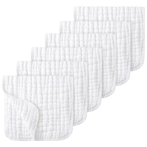 Muslin 100% Cotton Burp Cloths, 20''x10'', 6pk - White