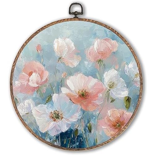 Hxlac Pink Wildflower Floral Round Wall Art Framed, Shabby Chic Botanical Round Wall Decor, Trendy Wildflower Hanging Canvas Prints for Farmhouse Home Living Room Bedroom Decor, 10x10 Inch
