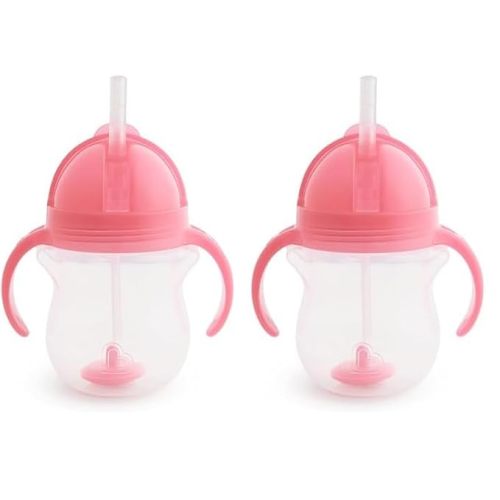 Munchkin® Any Angle™ Weighted Straw Trainer Sippy Cup with Click Lock™ Spill Proof Lid, 7 Ounce, 2 Pack, Pink