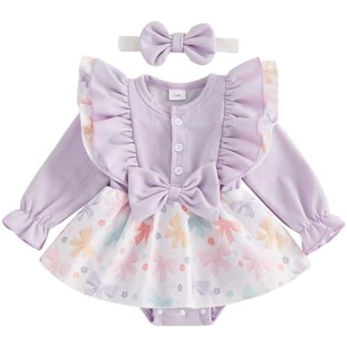 Baby Girls Rompers Dress Bowknot Print Puffy Ruffles Jumpsuits Bodysuits Infant Toddler 2PCS Clothes Set with Headband