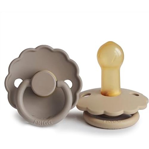 FRIGG Daisy Natural Rubber Baby Pacifier | Made in Denmark | BPA-Free (Croissant/Portobello, 6-18 Months) 2-Pack