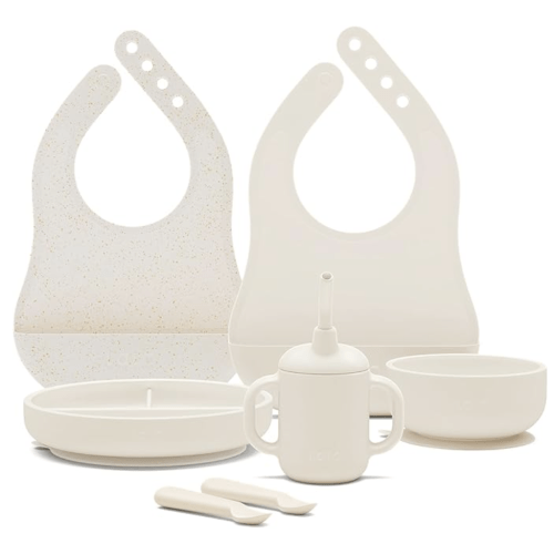 Lalo First Bites Silicone Baby Feeding Set - Baby Led Weaning Supplies - Non-Toxic Silicone - Includes 2 Bibs, 2 Spoons, Training Cup, Suction Plate and Bowl - 6 Pieces - Oatmeal