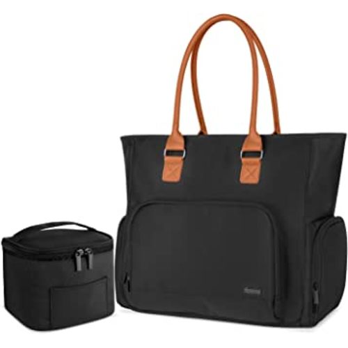 LUXJA Breast Pump Bag with Breastmilk Cooler Bag (Hold Four 5 Ounce Breastmilk Bottles), Leather Handle Breast Pump Tote for Working Mothers (With a Laptop Pocket), Black