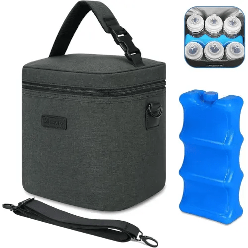 Mancro Breastmilk Cooler Bag with Ice Pack, Insulated Bottle Bag for 6 Baby Bottles (Up to 9 Ounce) with Shoulder Strap for Nursing Moms on The Go or Daycare, Dark Grey