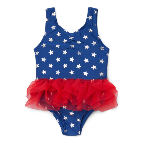 Wonder Nation Baby and Toddler Girls Foil Star Print Swim One-Piece with Tutu Skirt, Sizes 12M-5T