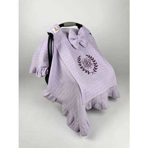 Car Seat Cover Baby Girl - Car Seat Cover with Mesh - Car Seat Canopy Lilac Muslin - Personalized Baby Shower Gift - Baby Gift Embroidery