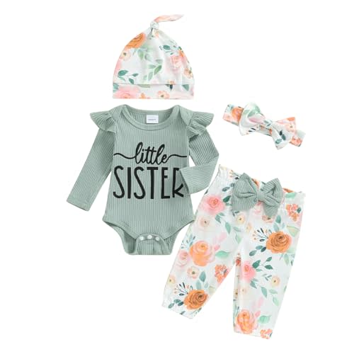 mlpeerw Newborn Baby Girl Clothes Outfits New To The Crew Bodysuit Romper Floral Pants Headband Hat Coming Home Outfit
