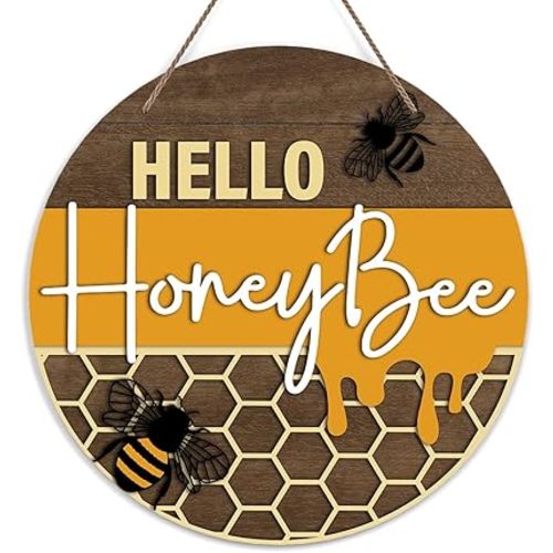 Hello Honey Bee Welcome Door Sign, Bumble Bee Decor Wooden Sign Round Decorative Wall Plaque, Rustic Summer Welcome Sign for Front Door, Farmhouse Porch Yard Hanging Sign Outdoor Decorations -25