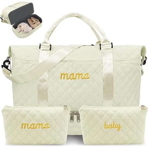 Mama Baby Pregnancy Hospital Bag Essentials for Women Labor Delivery Diaper Organizer with Shoe Compartment,2 Waterproof Toiletry Pouch Travel Duffle Bag for Mommy Weekender Overnight Gym Gifts,Beige